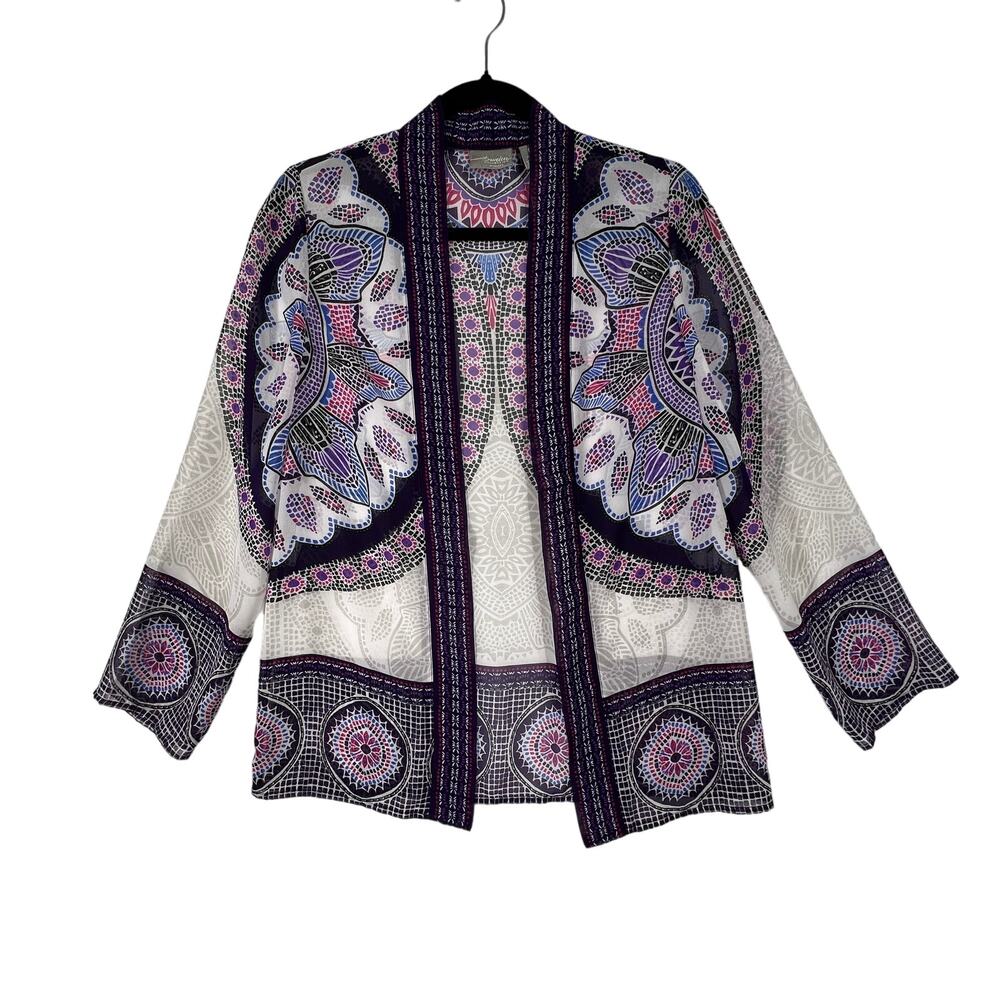 TRAVELERS COLLECTION CHICOS Womens Small 4 6 Purple Abstract Kimono Cardigan